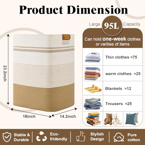 Image of Laundry Hamper, 95L Tall Laundry Basket with Leather Handles, Rectangle Large Clothes Hamper for Organizing, Cotton Woven Laundry Baskets Storage Hampers for Bedroom, Nursery, Living Room