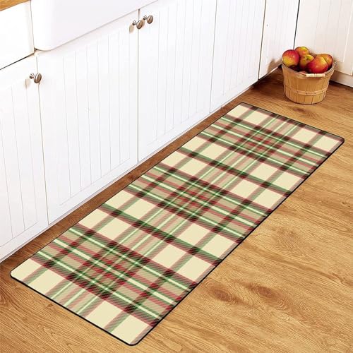 MoBlinko Kitchen Rugs Christmas Tartan Check Plaid Yellow Red Green Bathroom Rugs Non Skid Washable Standing Floor Mat Runner Carpet for Home Office Farmhouse Laundry 39 X 20 Inch