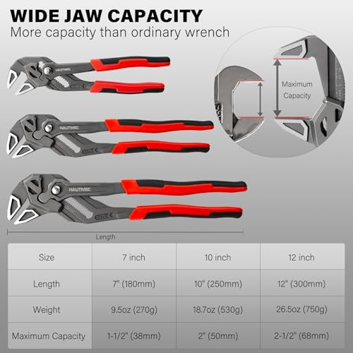 Image of HAUTMEC 3PCS Adjustable Pliers Wrench Sets (7 10 12 inch), Smooth Jaw Parallel Pliers, Heat-Treated CR-V Steel & Phosphated Rust-Resistant, SAE /Metric Scale, Storage Belt Pouch for Professional & DIY