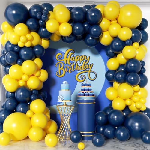 PityBlns 144Pcs Blue and Yellow Balloons Garland Arch Kit - 18 12 10 5 inch Navy Blue and Yellow Latex Party Balloons for Birthday Anniversary Baby Shower New Year 2026 Graduation Party Decorations