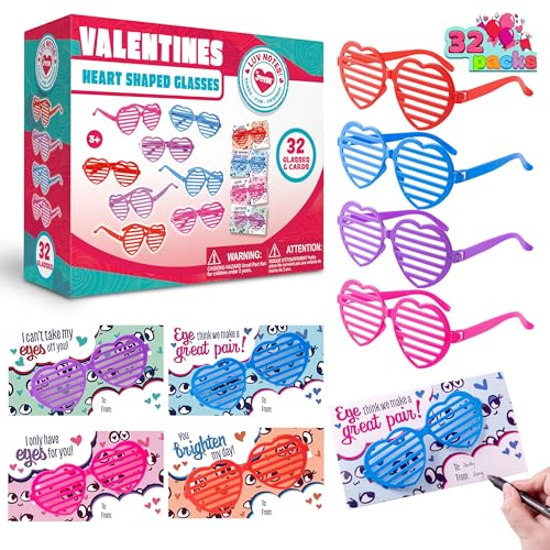 JOYIN 32 Packs Valentines Day Shade Glasses with Gift Cards Heart Shaped Shutter Heart Glasses Valentines Day Accessories for Kids Party Favor Classroom Exchange Prize Supplies