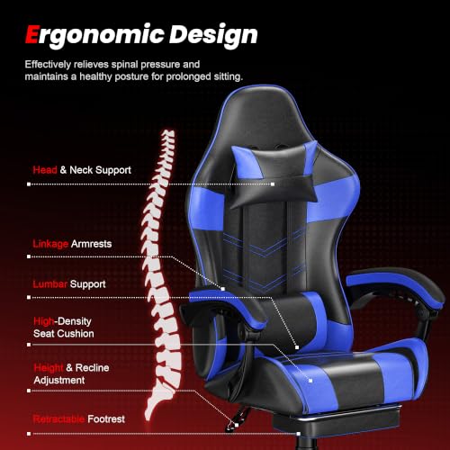 Image of Gaming Chair with Footrest, Ergonomic Video Game Chair with Headrest and Lumbar Support, 400 lbs Adult Chair, Height Adjustable 360 Swivel High Back Reclining Computer Chair for Home Office (Blue)