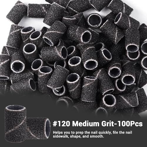 Image of MelodySusie 100 Pcs Nail Drill Bits Sanding Bands for Nail Drill 120 Medium Grit Nail File Sanding Bands for Acrylic Nails Gel Manicures and Pedicure