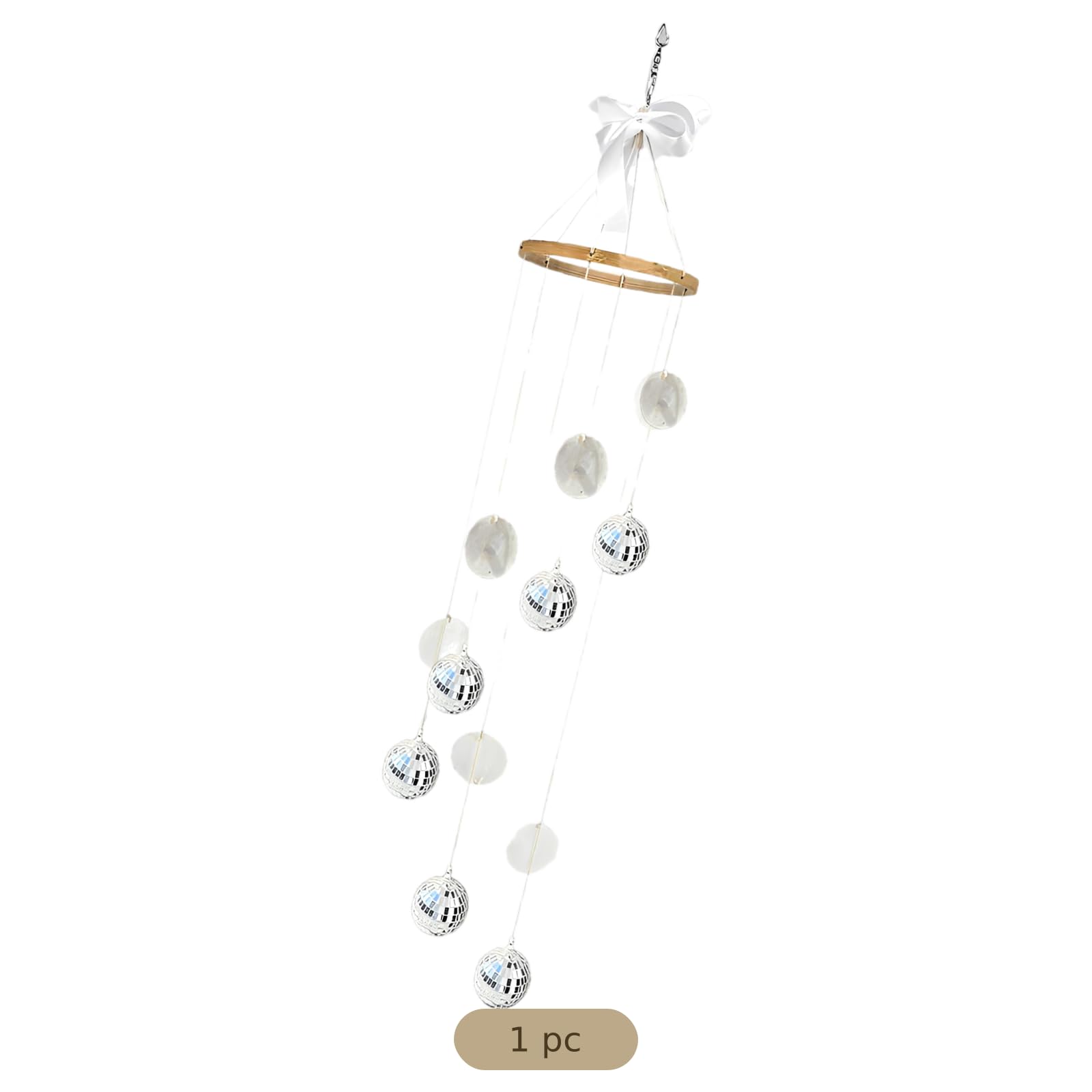 Décoration Suspendue Boule à facettes avec Coquillages naturels, Boule Miroir 88 cm, déco Artisanale réfléchissant la lumière avec Anneau en Bois pour fenêtre, Chambre, Patio, Jardin, fête
