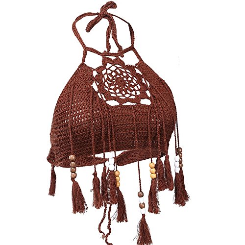 Women's Hollow Out Crochet Knit Halter Flower Tassel Bikini Tops Crop Tank Cami Brown