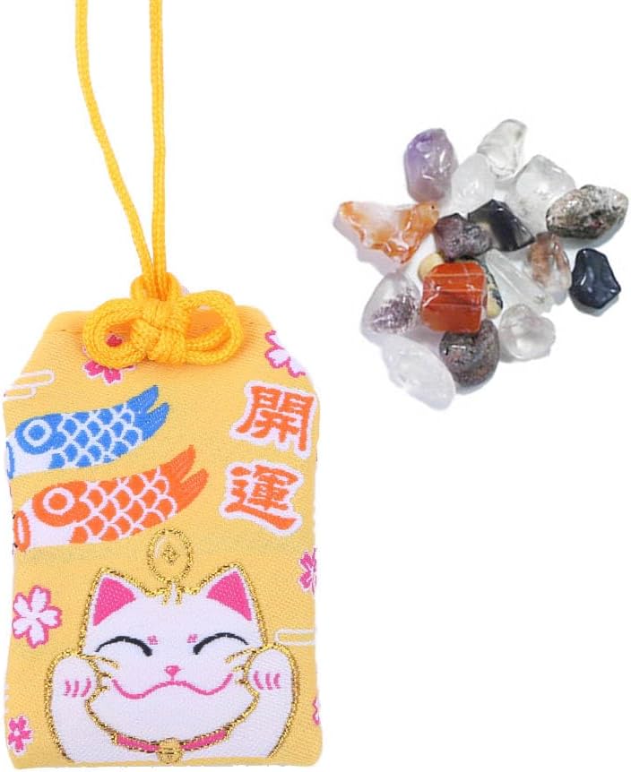 Japanese Omamori with Crystals, Golden Yellow/Pink Good Luck Amulet Charms for Blessing Money Success Wealth Career Fortunes Love Relationship Friendship (Yellow)