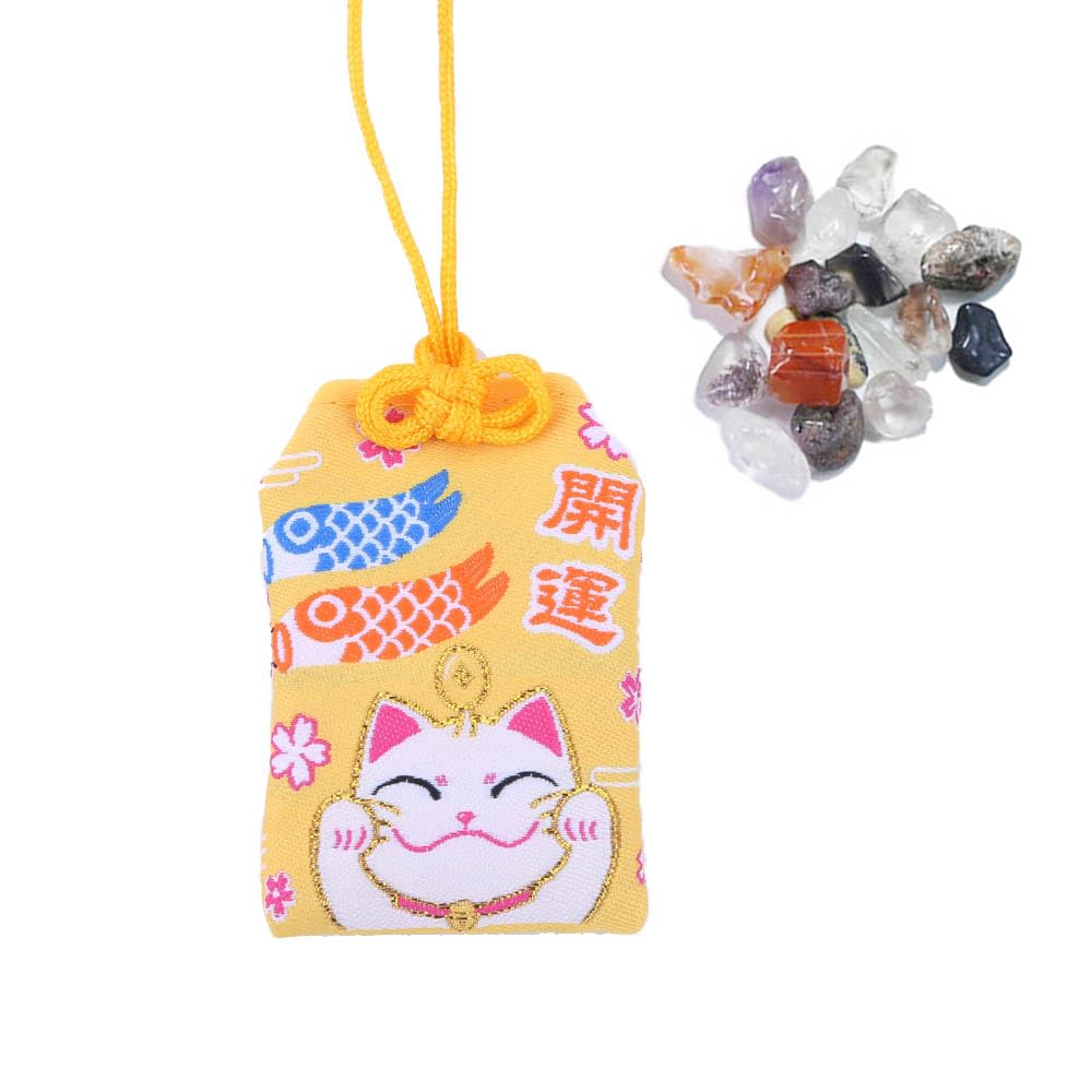 Japanese Omamori with Crystals, Golden Yellow/Pink Good Luck Amulet Charms for Blessing Money Success Wealth Career Fortunes Love Relationship Friendship (Yellow)