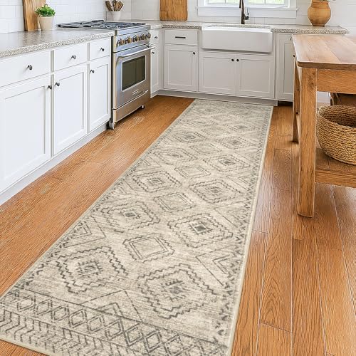 KILOCOCO Hallway Runner Rug 3'x10' Runners for Hallways Washable Runner Rug Non Slip Rubber Backed Low-Pile Runners for Bedroom Kitchen Living Room Laundry Room Boho Rugs, Beige/Gray/Green