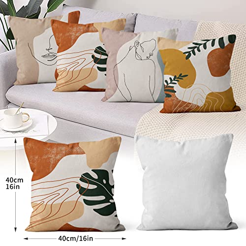 Hnmdmyi Kissenbezug Boho 40x40 4er Set, Abstrakt Minimalistisch Frau Gesicht Körper Linie Blatt Pflanze Dekorative Kissenbezüge Moderne Kunst Ästhetisch Leinen Kissenhülle für Sofa Couch Home Decor