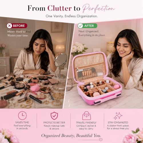 Image of SHAMAX Makeup Organizer Box for Women | Bridal Makeup Case Lockable Vanity Case for Cosmetics, Jewellery & Beauty Storage Organizer, Gift for Women (751 /Pink)