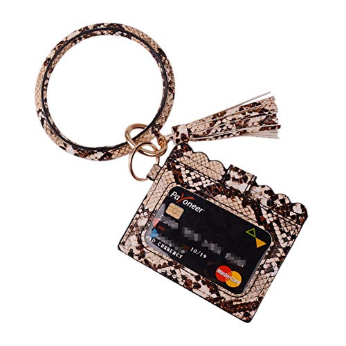 Lantintop Multifunctional Key Ring with Card Holder PU Leather Round Key Ring With Matching Wristlet Wallet For Women Girls (Snakeskin beige)