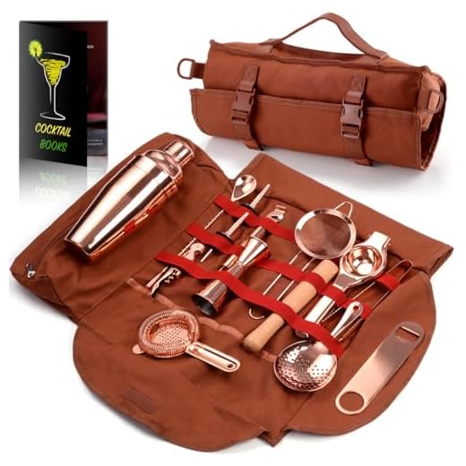 Kit de barman, bolsa de transporte | Set de Coctelería de 17 Piezas y bolsa de bar portátil con correa para llevar y guardar fácilmente | Mejor juego de bar de viaje de oro rosa para hacer cócteles
