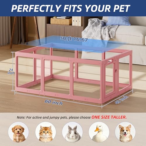 Image of Clear Acrylic Dog Playpen Indoor, Puppy Cat Small Pet Play Pen, Pet Cat Playpen for Rabbits, Dog Fence Crate Kennel Whelping Cage (Pink, 10 Panel)