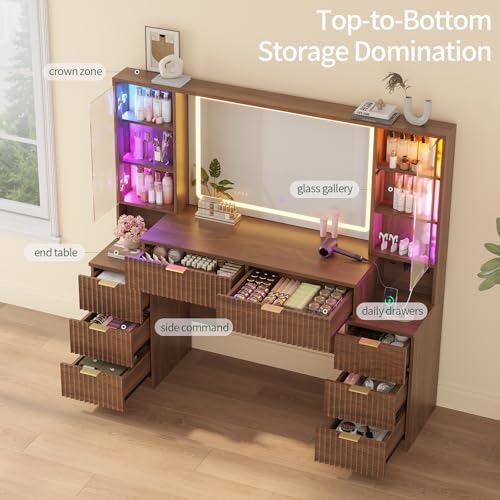 Image of Big Vanity Desk, Fluted Makeup Vanity with Mirror Lights, Walnut Vanities
