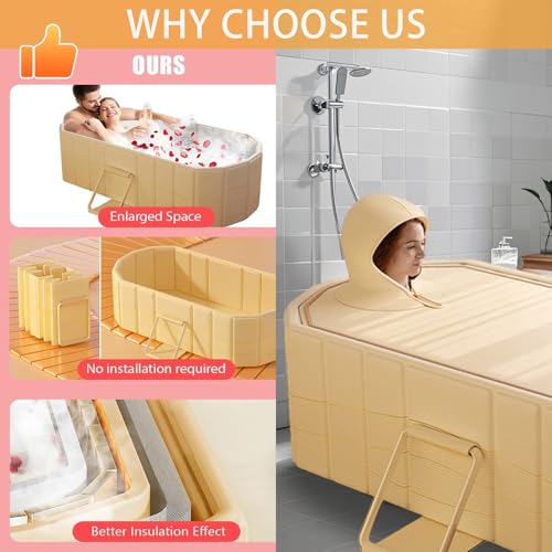 Faltbare Badewanne Erwachsene, 2in1 Eisbad und Warmwasser 150x55x50cm Dicke Freistehende Tragbare Badewanne für Ddusche mit Deckel, Mini Pool für Heim-SPA, Eisbad, SchweißDampf