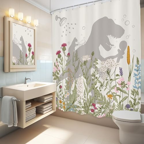 Image of Dinosaur Wildflower Kids Shower Curtain Bathroom Set 60Wx71H Inches Funny Dino Cute Cat Silhouette Floral Rustic Plant Leaves Botanical Bath Accessories Boy Art Home Decor Fabric 12 Pack Hooks