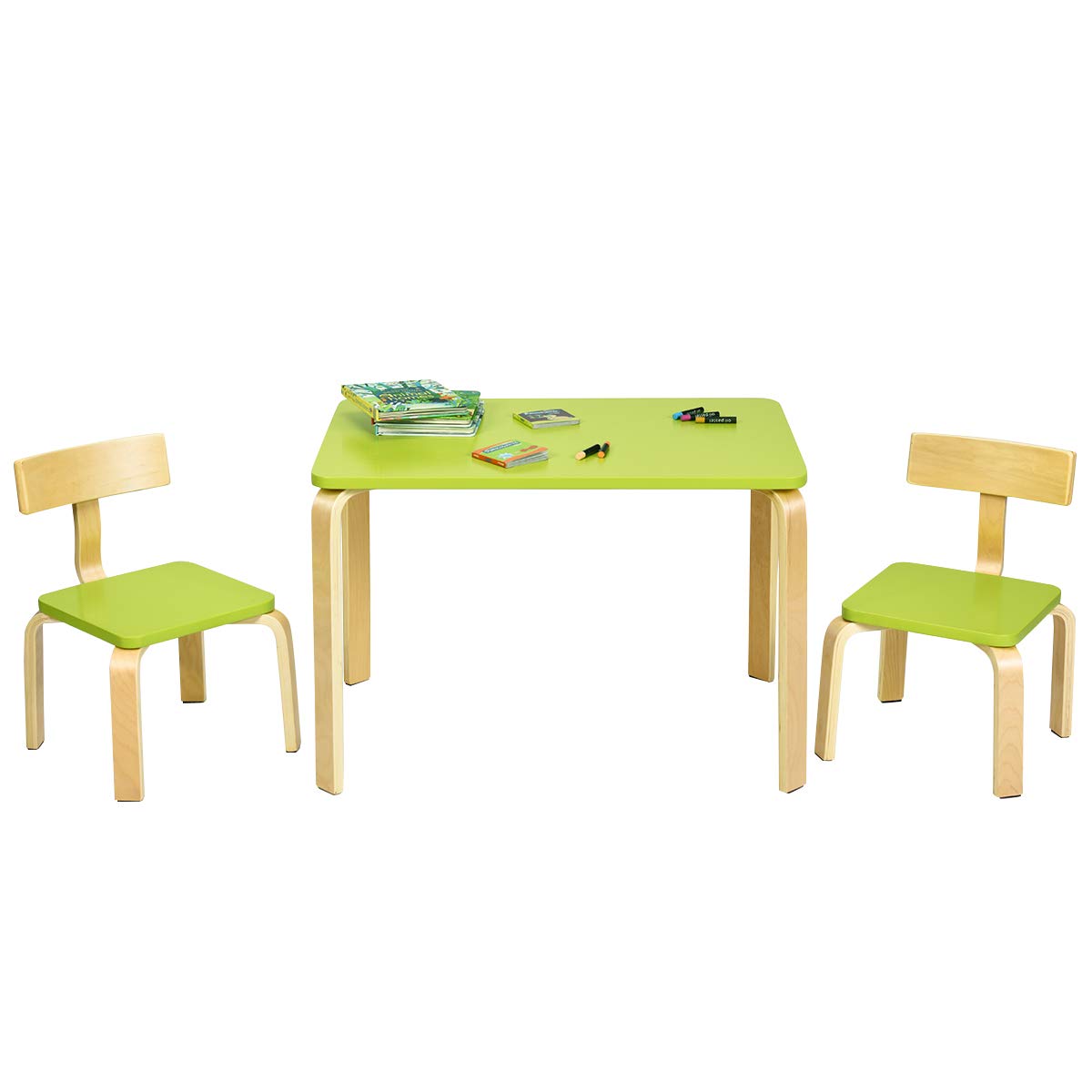 RELAX4LIFE Set Tavolo e 2 Sedie Bambini 3-12 Anni Legno Stabile Sicuro Design Ergonomico Multifunzione Giocare Mangiare Casa Asilo Verde