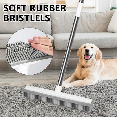 AMFUN 2 in 1 Gummibesen mit Stiel, Besen Gummiborsten, Langen Stiel Besen Entfernen von Tiere Katzen Hunde Haare, Bodenbürste für Bödenzum Teppiche Fliesen (mit 2 Hartborsten Eckenreinigungsbürste) – Bild 4