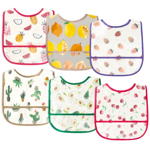 Image of 2ooya 6Pcs Baby Bibs for Eating Toddler Feeding Bibs with Crumb Catcher Pocket Fruit Adjustable Sleeveless Teething Plastic Food Bib Set Waterproof Infant Keepsake Gift for Baby Shower, 6-24 Months
