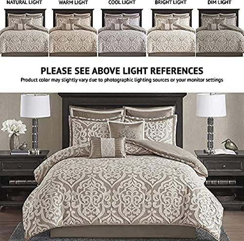 Madison Park Odette Cozy Comforter Set Jacquard Damask Medallion Design - Modern All Season, Down Alternative Bedding, Shams, Decorative Pillows, Cal King(104 In X 92 In), Tan 8 Piece #TOP1