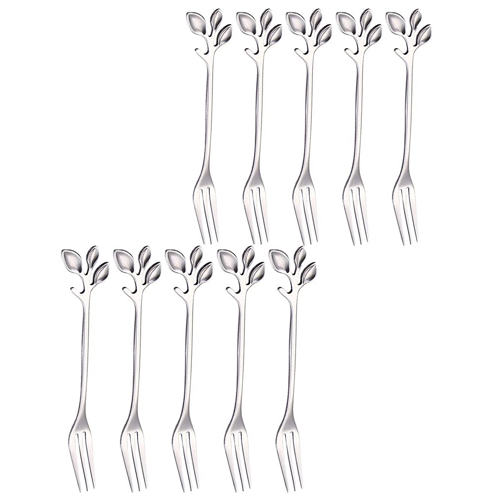10pcs Appetizer Forks Creative Leaf Tasting Dessert Forks Fruits Cake Fork Stainless Steel Silver Dishwasher Safe Forks Tableware by RuiChy