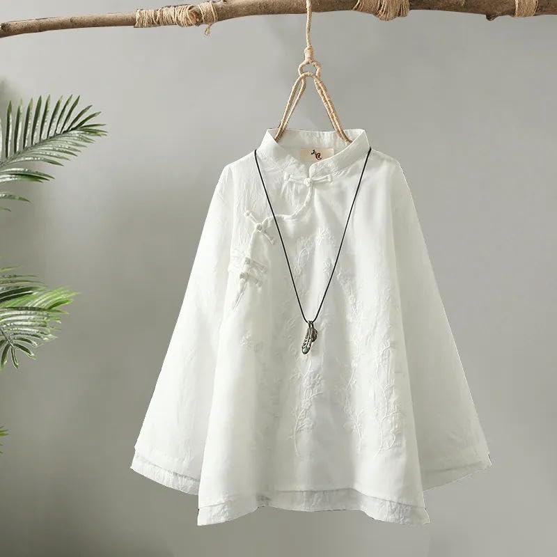 JYHBHMZG Women's Retro Embroidered Frog Button Hemp Cotton Shirt Spring Zen Tea Outfit Loose Patchwork Round Neck