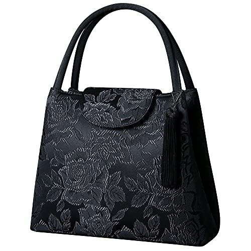 [岩佐] ブラックフォーマルバッグ レディース 日本製 黒 大きめ 冠婚葬祭 入学式 卒業式 葬式 タッセル付きバラ柄ジャガード織トートバッグ 1938