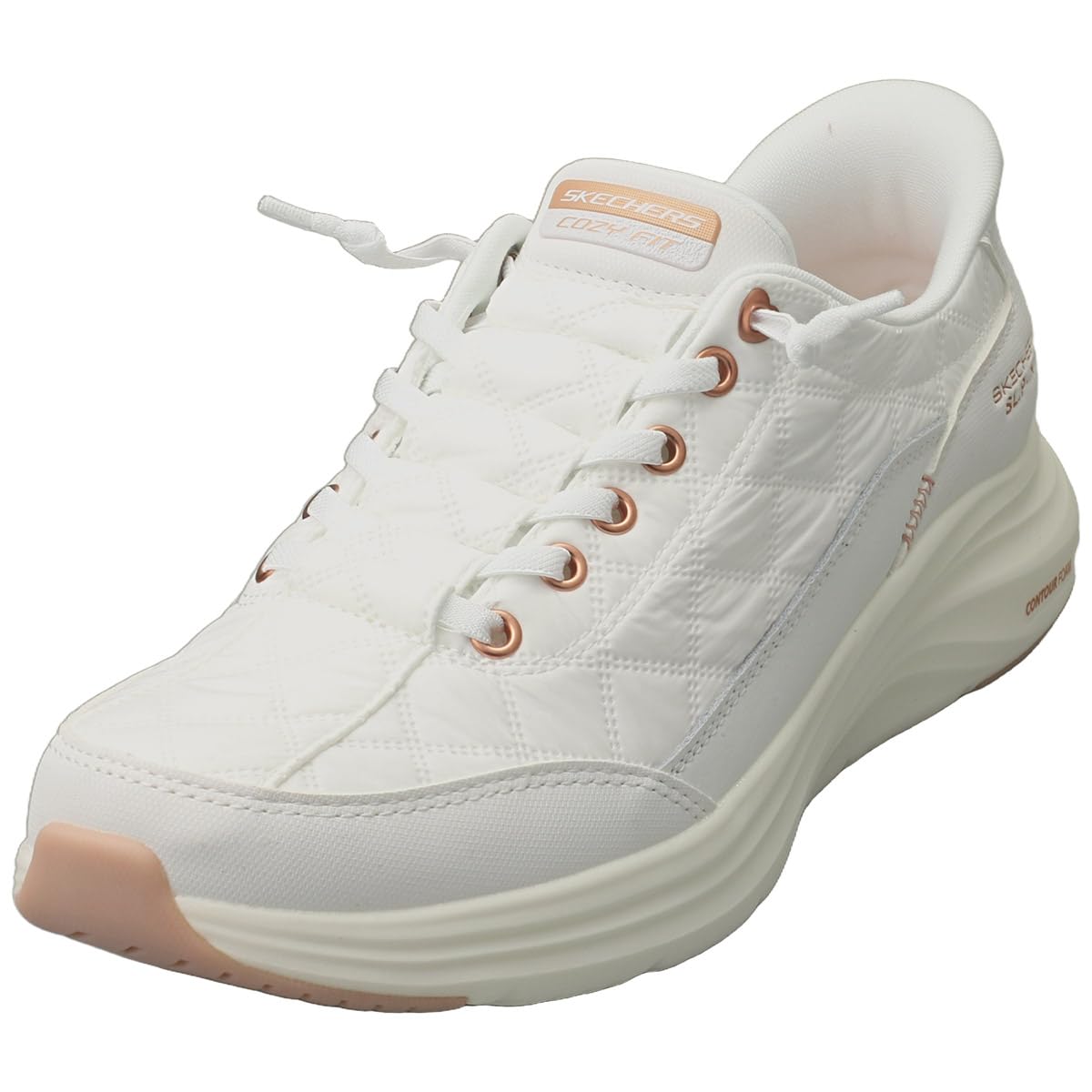 Skechers Tenis Contour Foam Golden Hour, para Mujer, Cuero Duraleather de Malla Blanca con Ribete en Oro Rosa, 39 EU