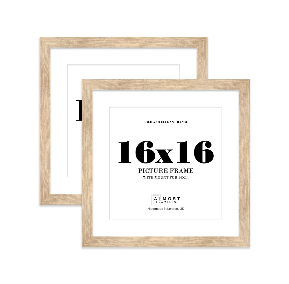 16x16" Oak Square Frame With Mount for 14x14" Pictures 28mm Edge Frame Display with Wall Hooks, 2 Pack — image 1