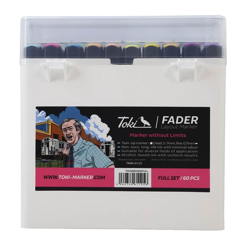 Toki Marker Fader 60er Set - Full - Twin Tip Alkoholbasierte Marker mit Rundspitze und Keilspitze