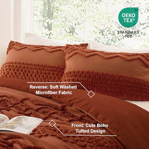 Image of Luxudecor Terracotta Boho Tufted Comforter Set King Size 3 Pieces Boho Shabby Chic Comforter Farmhouse Embroidery Bedding Set Soft Comforter for All Seasons (Terracotta, 104''x90'')