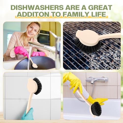 Image of 16 Pack Dish Brush with Handle Dish Scrubber Brush with Built-in Scraper Kitchen Scrub with Stiff Bristles Long Scrubber for Home Restaurant Pot Sink Washing Cleaning Supplies, Beige