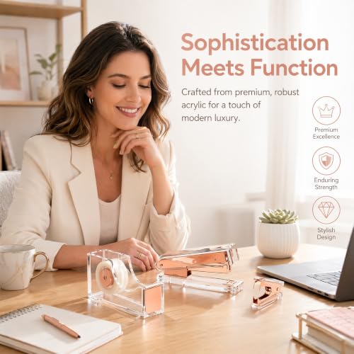 Hiceeden Acrylic Rose Gold Stapler and Tape Dispenser Set, Desk Accessories Office Supplies Includes Tape, Staple Remover and 1000pcs 26/6 Staples, Modern Cute Stapler Set for Desk - Image 6