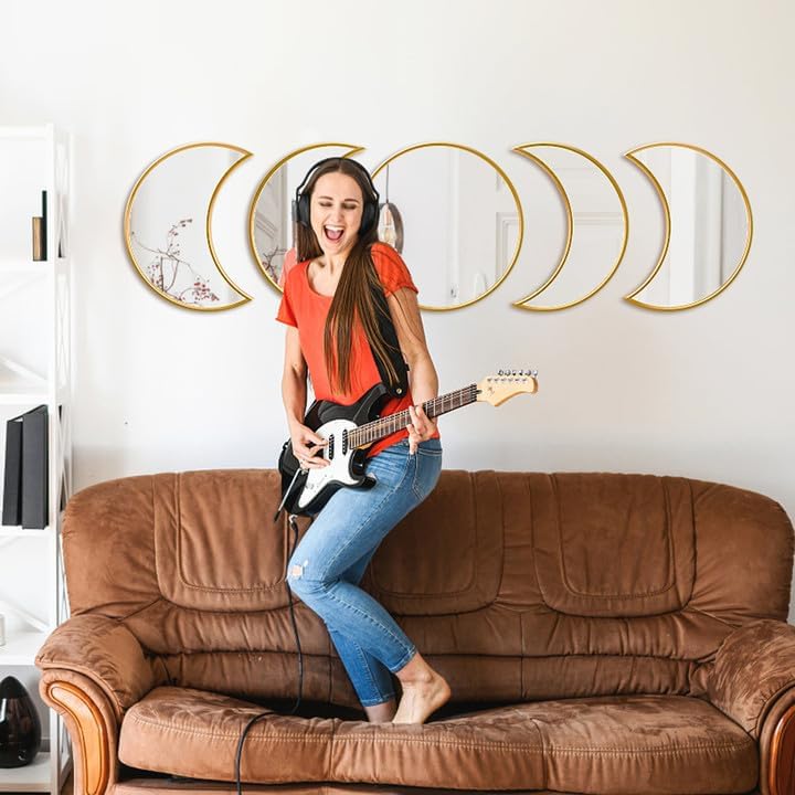 Glass Moon Phase Mirror Set, Bohemian Wall Mirror, Never Distorted Boho Wall Hanging Moon Mirror Wall Decor for Bedroom, Dorm, and Home Decor with Preppy Cottage Vibe (Gold) Golden image 7 of 8 B0CHYWG316