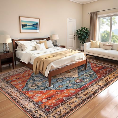 SERISSA Washable Rugs 6x9 Area Rugs, Large Non-Slip Boho Living Room Rug, Ultra Soft Vintage Print Distressed Oriental Tribal Farmhouse Carpet for Dining Room Bedroom Dorm Office Home Decor