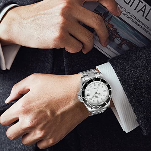 Mastop Men Automatic Mechanical Watches Full Steel Waterproof Mens Watches With Calendar (Silver White) #TOP4