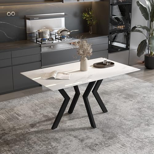 GOLDFAN Rectangle Marble Dining Table 47.2” Modern Style Kitchen Table for 4 with Black Steel Legs for Home Office Dining Room - Image 2