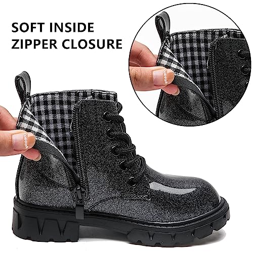 Dadawen Boys Girls Glitter Ankle Boots Kids Lace Up Waterproof Combat Shoes With Side Zipper For Toddler/Little Kid/Big Kid Black/Glitter Us Size 9.5 M Toddler #TOP3
