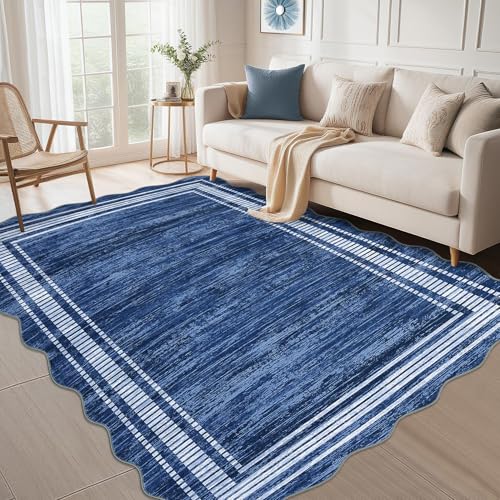 GarveeHome Scalloped 8x10 Rugs Washable Area Rugs for Living Room, Modern Bordered Solid Rug for Bedroom, Abstract Scalloped Non-Slip Stain Resistant Carpet for Dining Room Home Office Dorm, Blue
