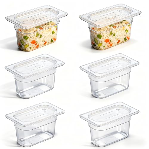 CTJ 6 Pack NSF Food Pans with Lids 1/9 Size, 4'' Deep Commercial Clear Plastic Food Storage Containers Stackable Polycarbonate Hotel Pans for Kitchen Restaurant Food Prep, Freezer-Safe