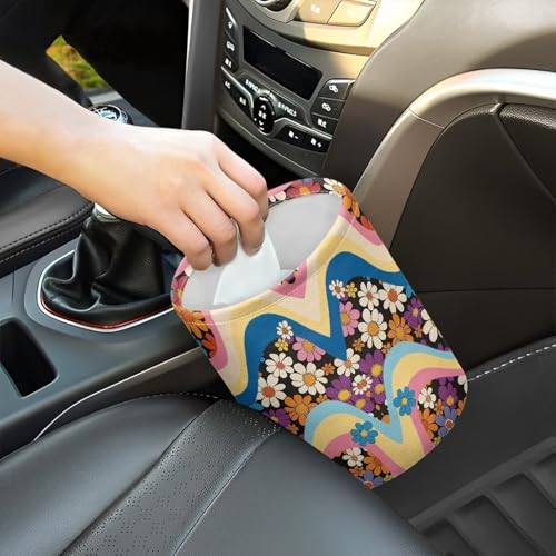 Image of Groovy Hippie Flower Print Car Trash Can Collapsible Portable Car Garbage Bin Multipurpose for Car Front Seat, Back Seat, Floor, Headrest Rubbish Bin Universal Fit for Car SUV Trucks