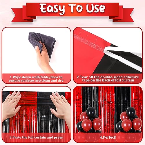 Image of Voircoloria 2 Pack 3.3x8.2 Feet Red and Black Foil Fringe Backdrop Curtains, Tinsel Streamers Birthday Party Decorations, Fringe Backdrop for Graduation, Movie Night, Horror Party