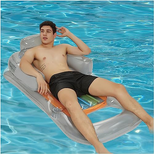 QuFrotty Inflatable Pool Floats For Adults With Headrest & Cup Holder, Large Inflatable Pool Lounger Raft Adult Size, Blue/Pearlescent Silver Pool Chair For Adults Travel(Orange)