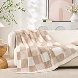 Snuggle Sac Checkered Blanket, Beige Throw Blanket for Couch Plaid Microfiber Fluffy Warm Cozy Fuzzy Soft Throw Blanket Reversible Checkerered Blankets for Sofa, Chair, Bed, 50x60 inches