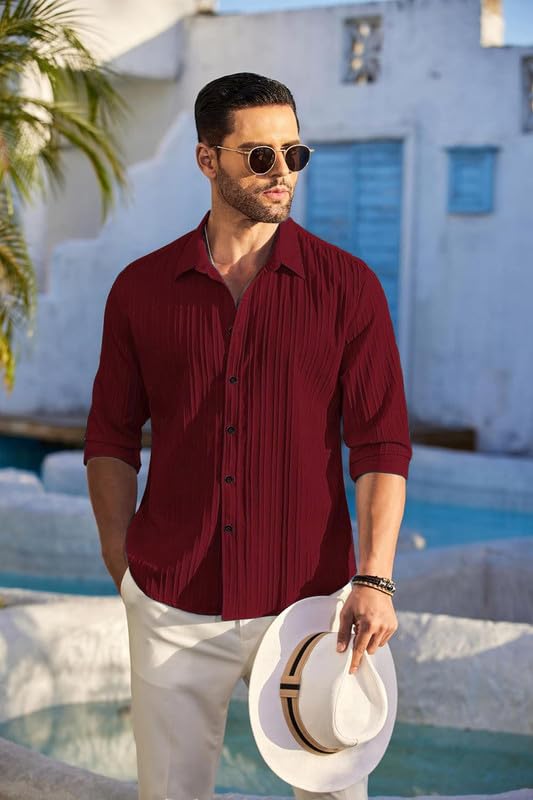 Image of Amazon Brand - INKAST Men's Casual Button Down Shirts Long Sleeve Linen Shirt Fashion Textured Beach Summer Shirt Red (in, Alpha, M, Regular, RED)