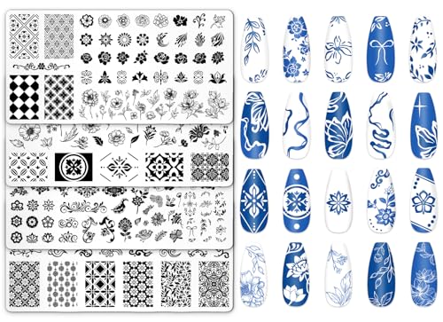 JarThenaAMCS 4Pcs Floral Nail Plates Stamping Set Flower Plant Stamp Templates Nail Art Plates for DIY Print Manicure Salon Design