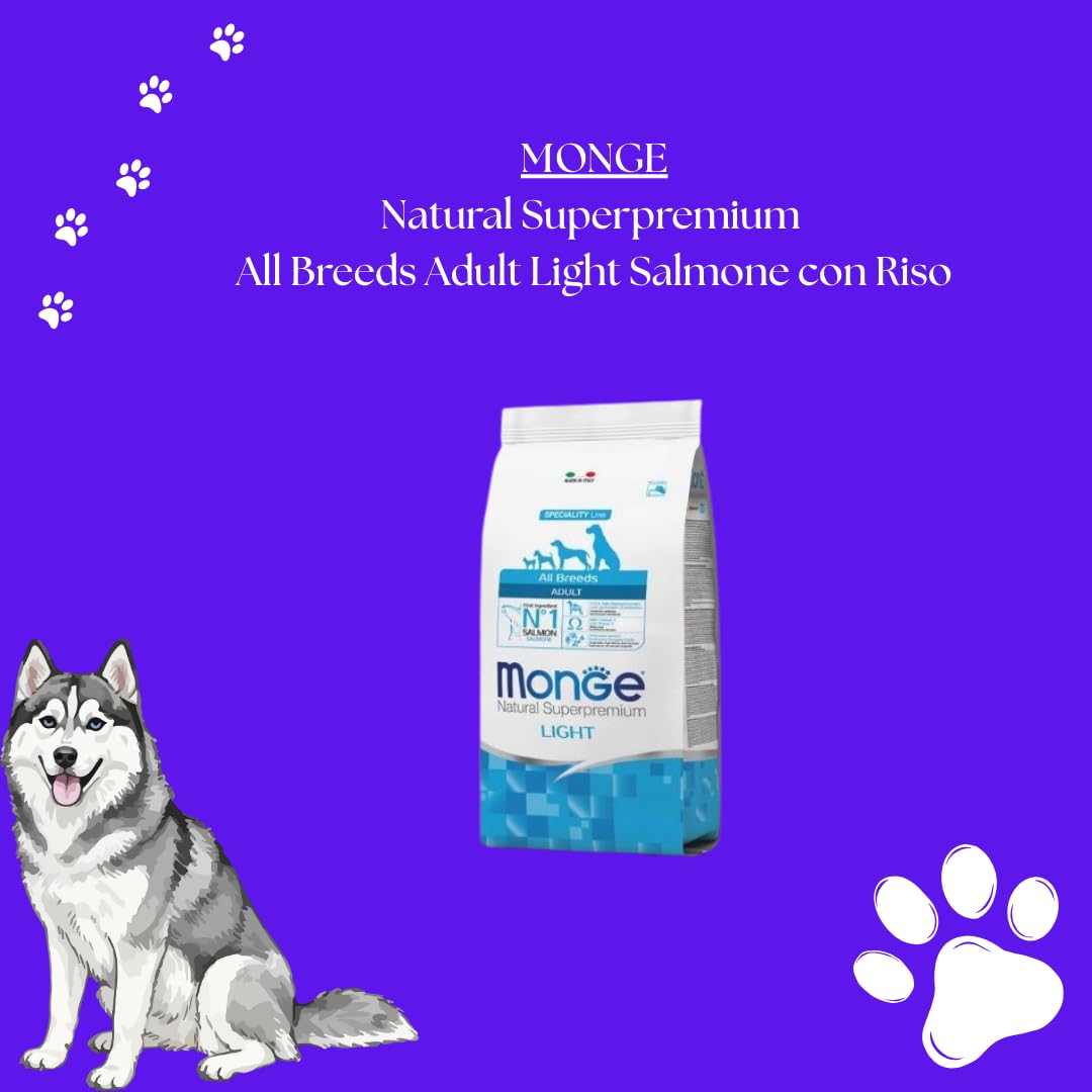 MONGE Cane Natural Superpremium All Breeds Adult Light gusto Salmone con Riso | alimento secco completo per cani adulti di tutte le taglie, Made in Italy, 1 confezione da 12kg.