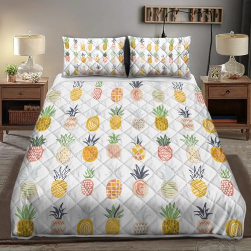 ARIGHTEX Yellow Pineapple Quilt Set Twin Cartoon Fruit Pineapple Bedding Sets for Girls, Warm Cozy White Bed Set 1 Comforter and 2 Pillow Shams