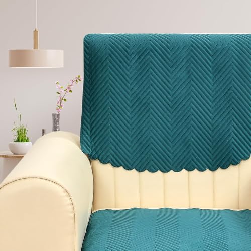 Image of L Shape 7 Seater Velvet Sectional Sofa Cover, Quilted with Fringe Detail, L-Shaped Couch Protector-Pack of 14 (Teal Green)