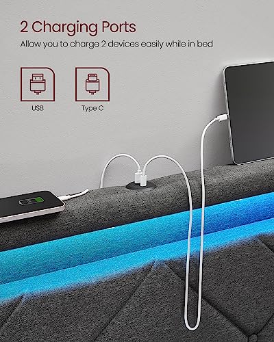 Image of VASAGLE LED Bed Frame Twin Size, Twin Bed with Headboard and 4 Drawers, 1 USB Port and 1 Type C Port, Adjustable Upholstered Headboard 37.1 /39.6 Inches, No Box Spring Needed, Dark Gray URMB823G71